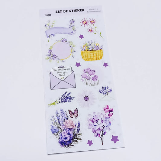 Set Sticker Alargado Flores Moradas