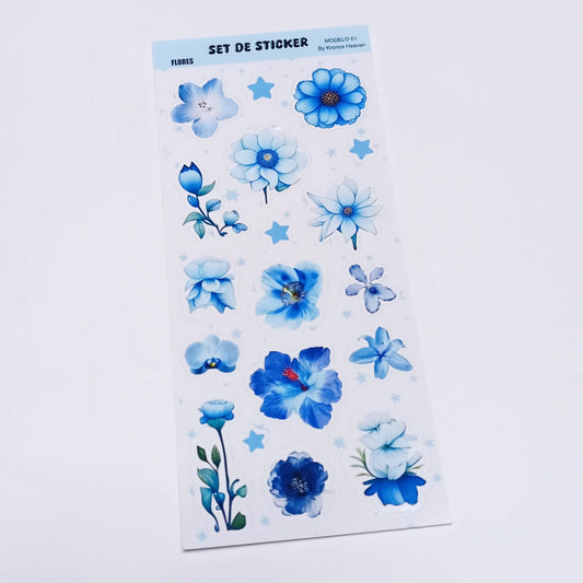 Set Sticker Alargado Flores Azules